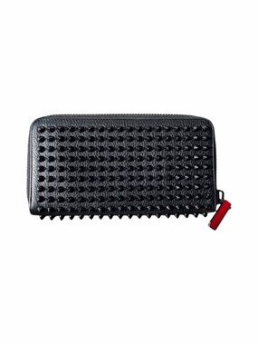Christian Louboutin Panettone Black Leather Spiked Zippy Wallet Red Interior